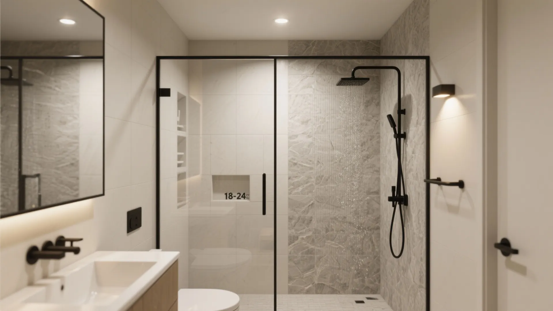 3) Damp-rated downlight over shower + wall wash outside