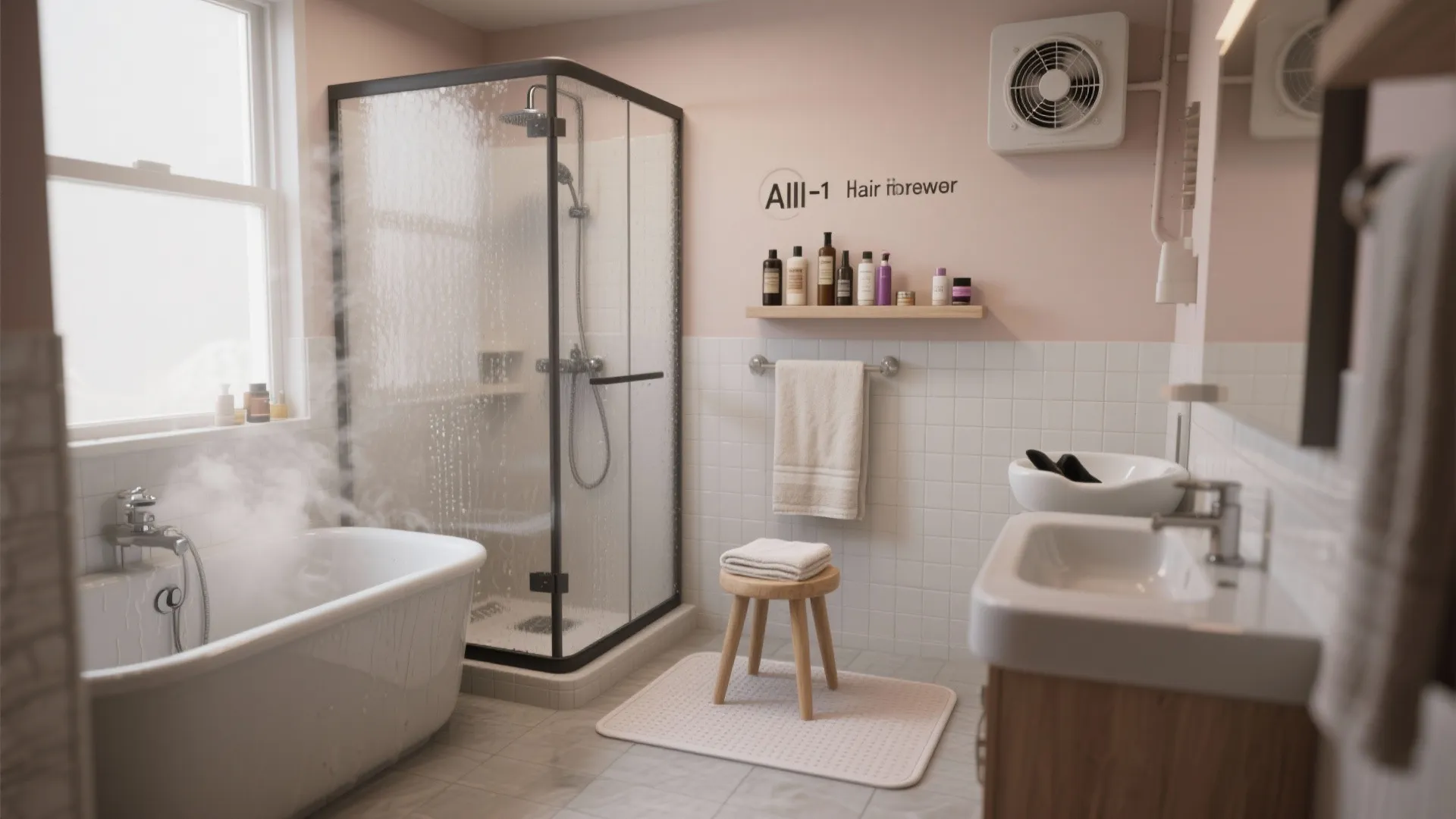 Pink bathroom with glass shower door, steaming bathtub, wooden stool, and various hair care bottles