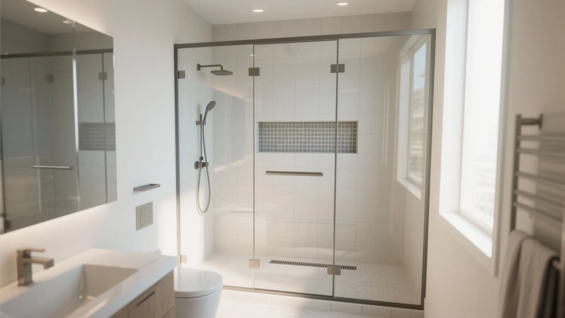 Bright bathroom interior with glass shower door white wall tiles sink toilet and natural light
