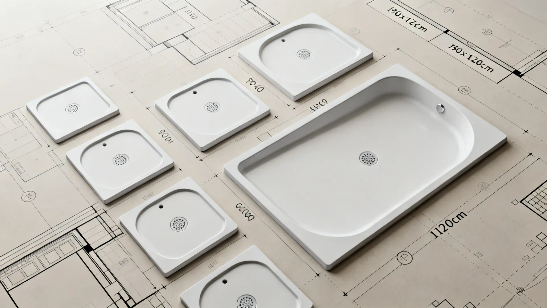 Top-down layout of various small walk-in shower footprints and layout options.