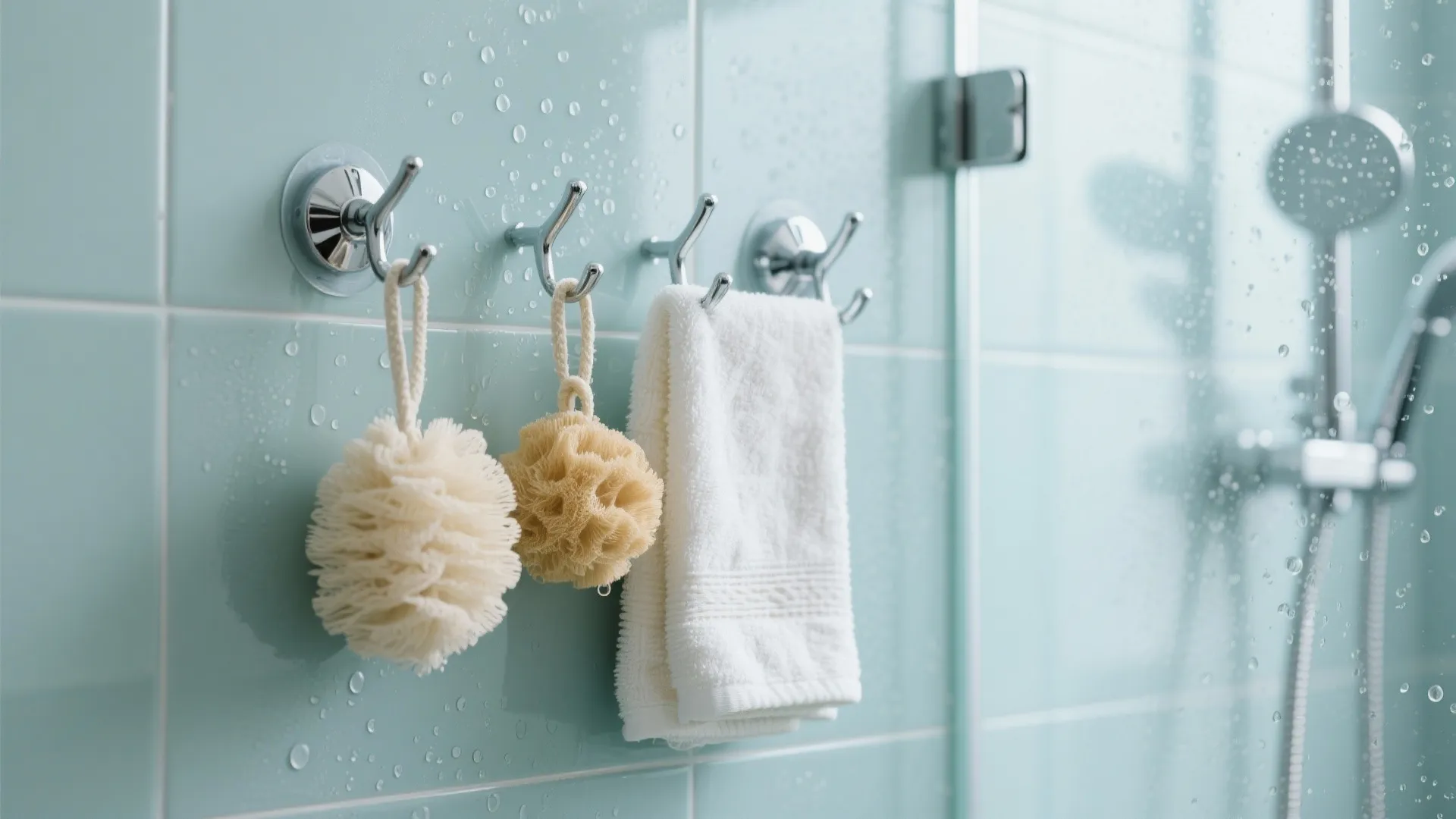 Chrome metal wall hooks on blue tiles holding two bath sponges and a small white towel