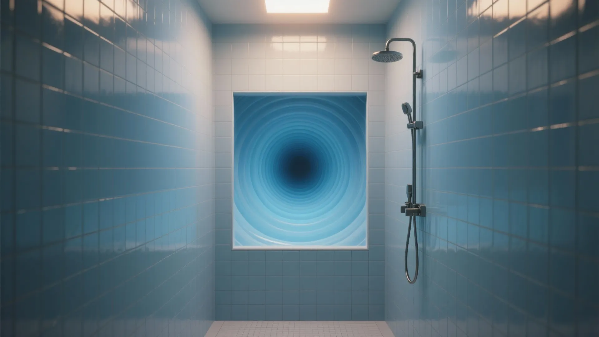 Shower with a gradient blue porcelain mural and recessed niche creating a spa-like tunnel effect.