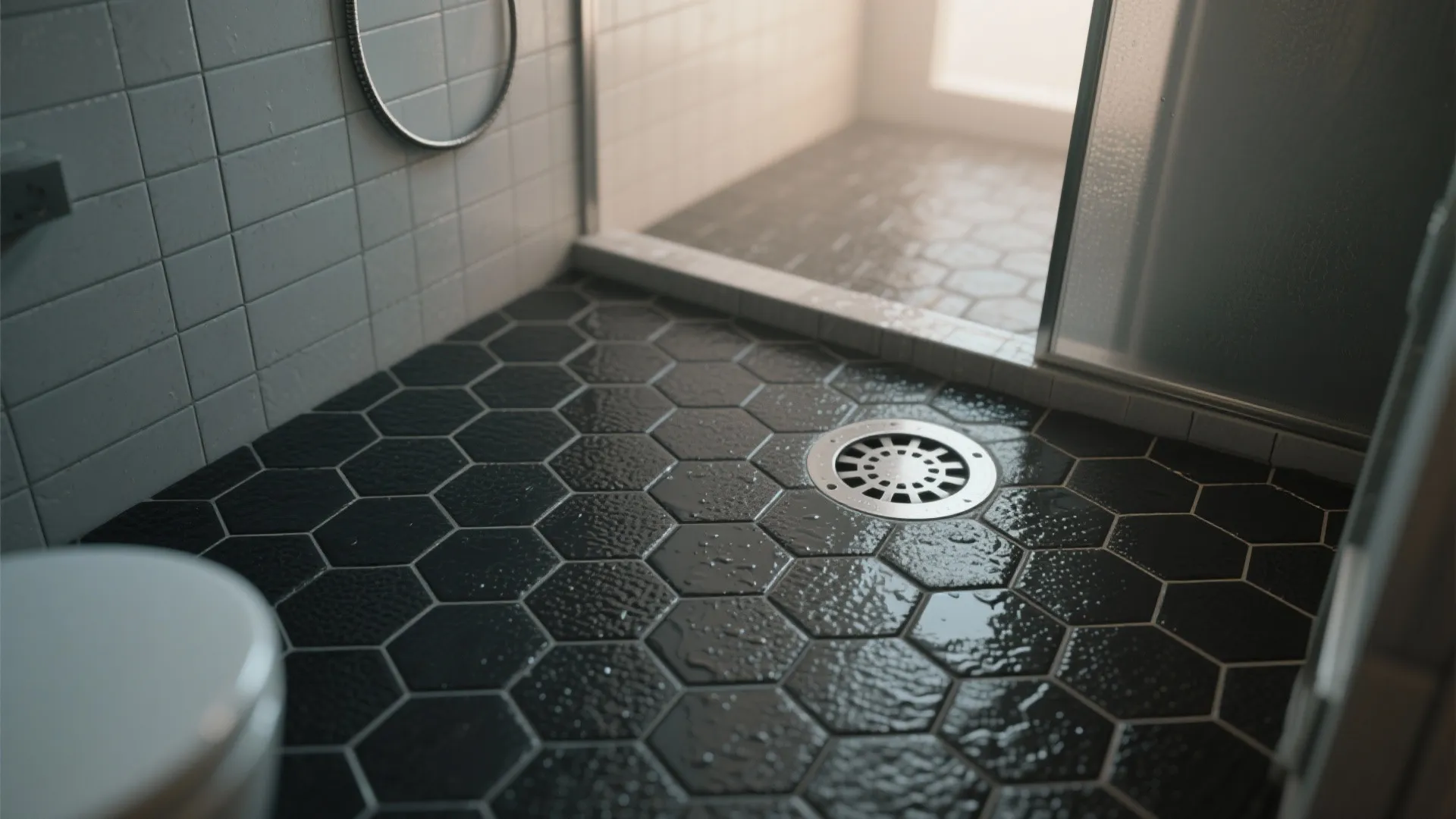 Small textured black hex tiles on a shower floor sloping toward a drain to show grip and drainage