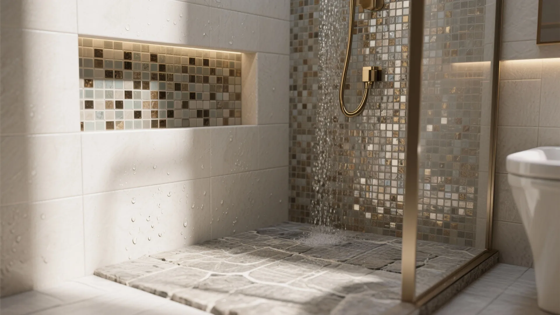 Modern shower interior with mosaic wall niche golden shower head stone floor and warm light