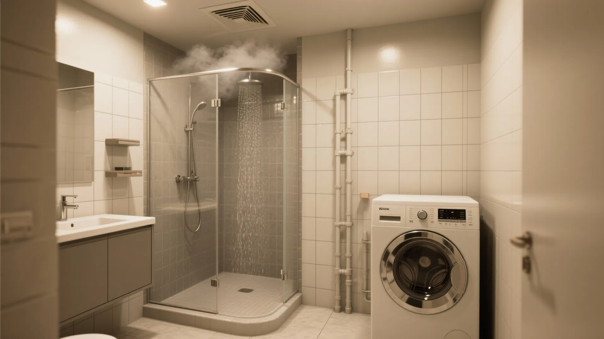 Small bathroom layout featuring glass shower stall next to white washing machine and grey cabinet