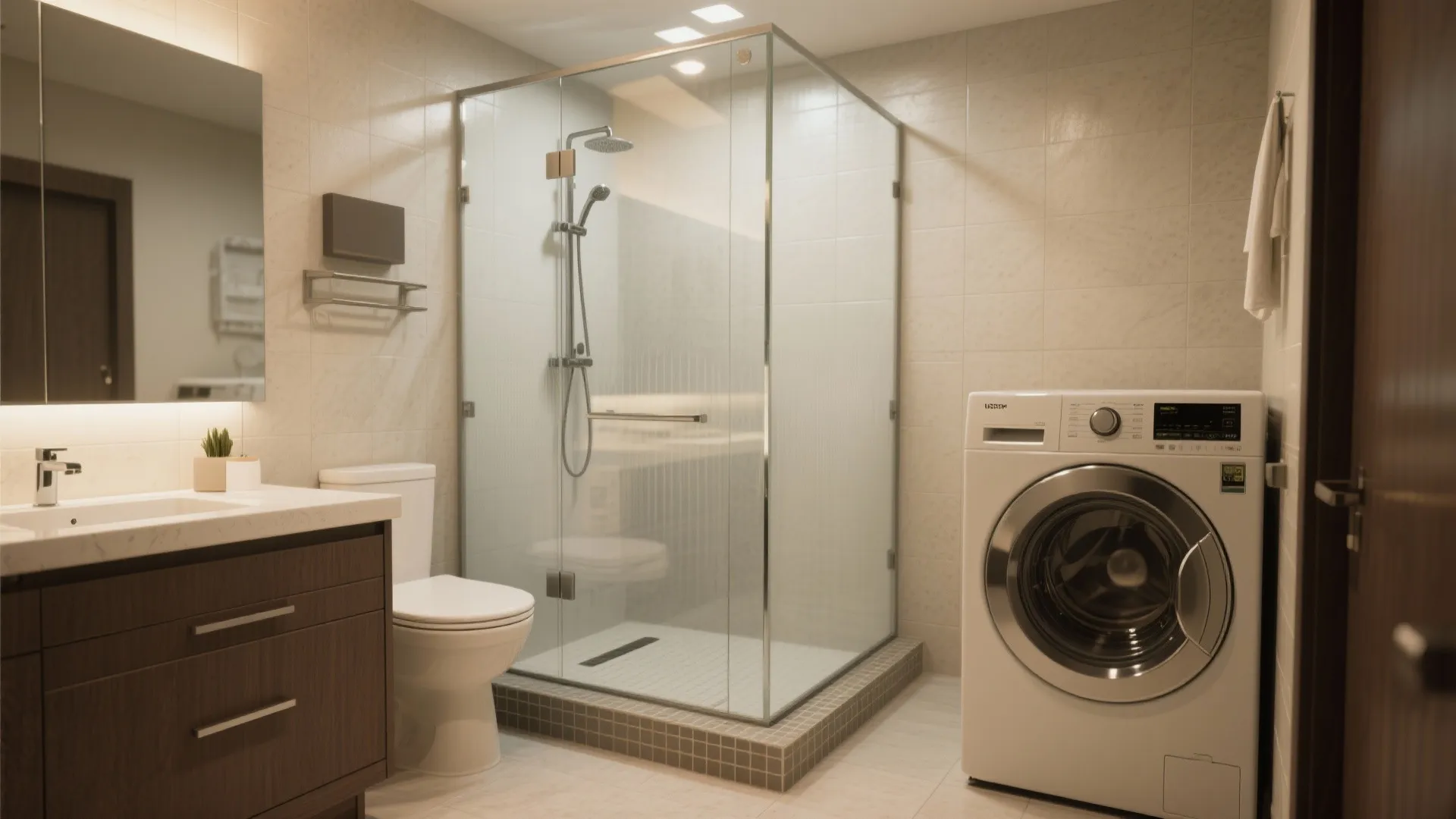 2. Shower-Laundry Combo with Glass Partition