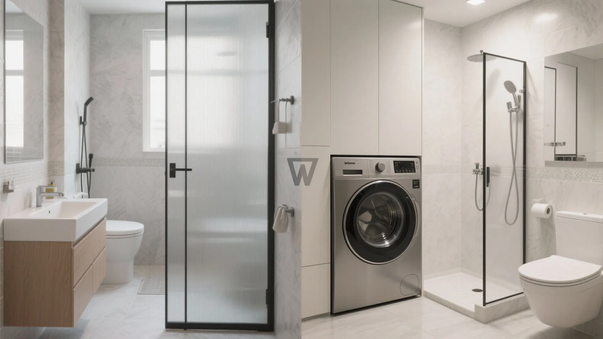 Side by side comparison of a small bathroom layout before and after adding laundry appliances