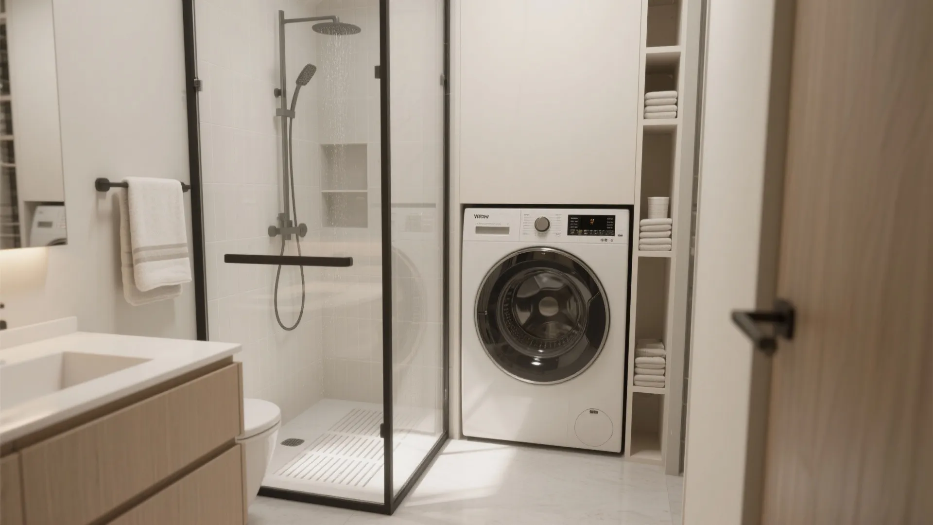 Shower-over-laundry combo behind sliding glass