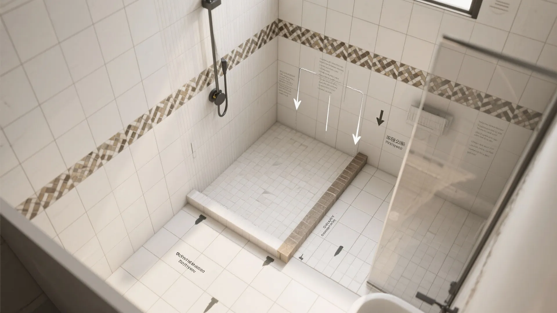 Top-down visualization comparing tile orientation, grout widths, and accent placements for small showers.