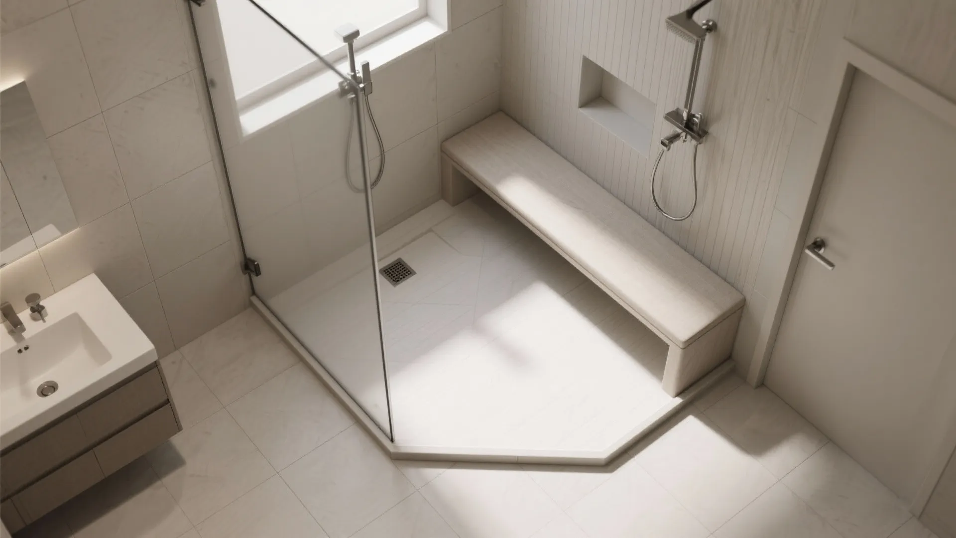 Top down view of a bathroom layout with glass shower door wooden bench and sink