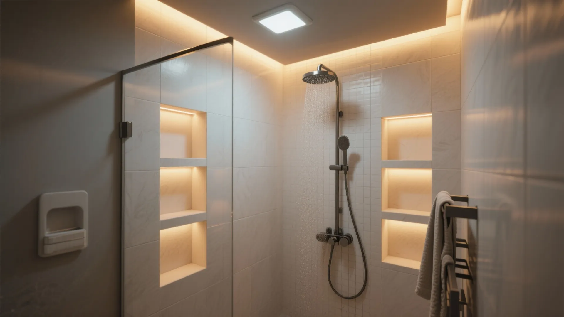 Shower with LED lighting accents in the niche and ceiling spotlight