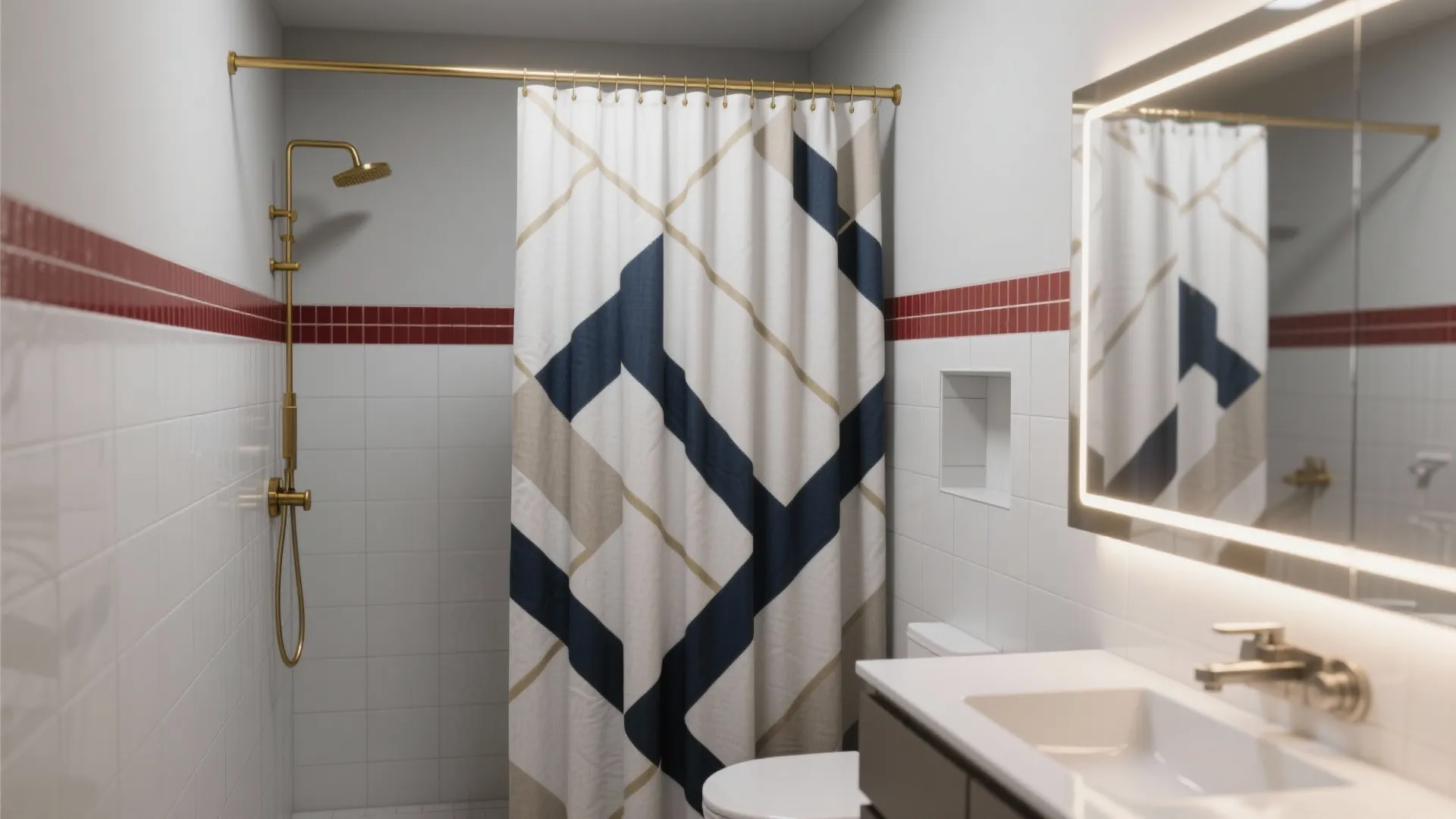 Shower Scene: Curtain, Tile Band, and Lighting