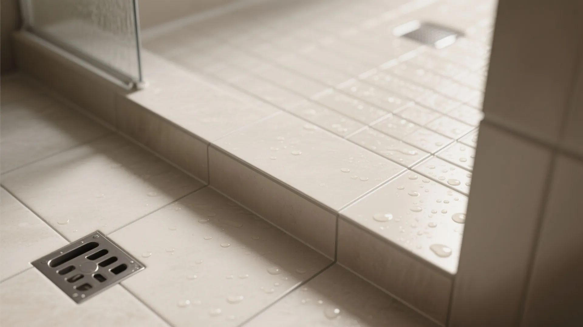 Close up of beige bathroom floor tiles with water drops and a square metal floor drain