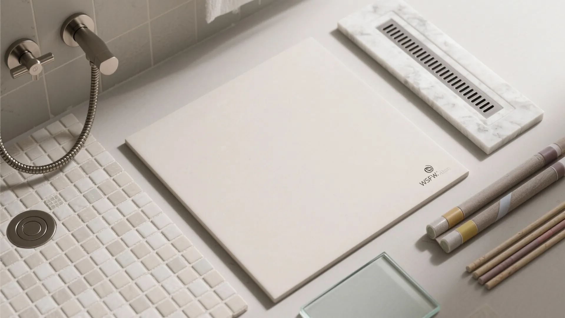 Assorted bathroom floor tile samples and drain parts showing different materials for a shower renovation