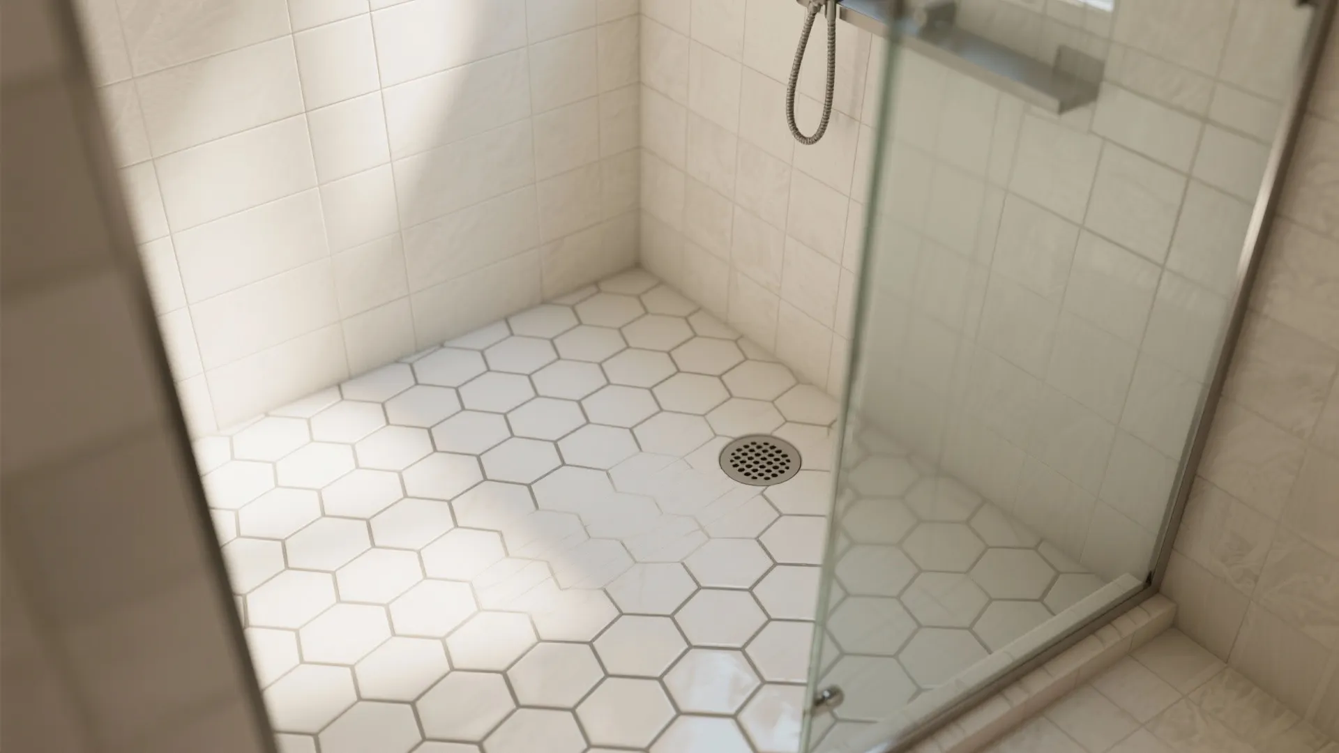 Shower area with white hexagon floor tiles round metal drain glass door and wall tiles