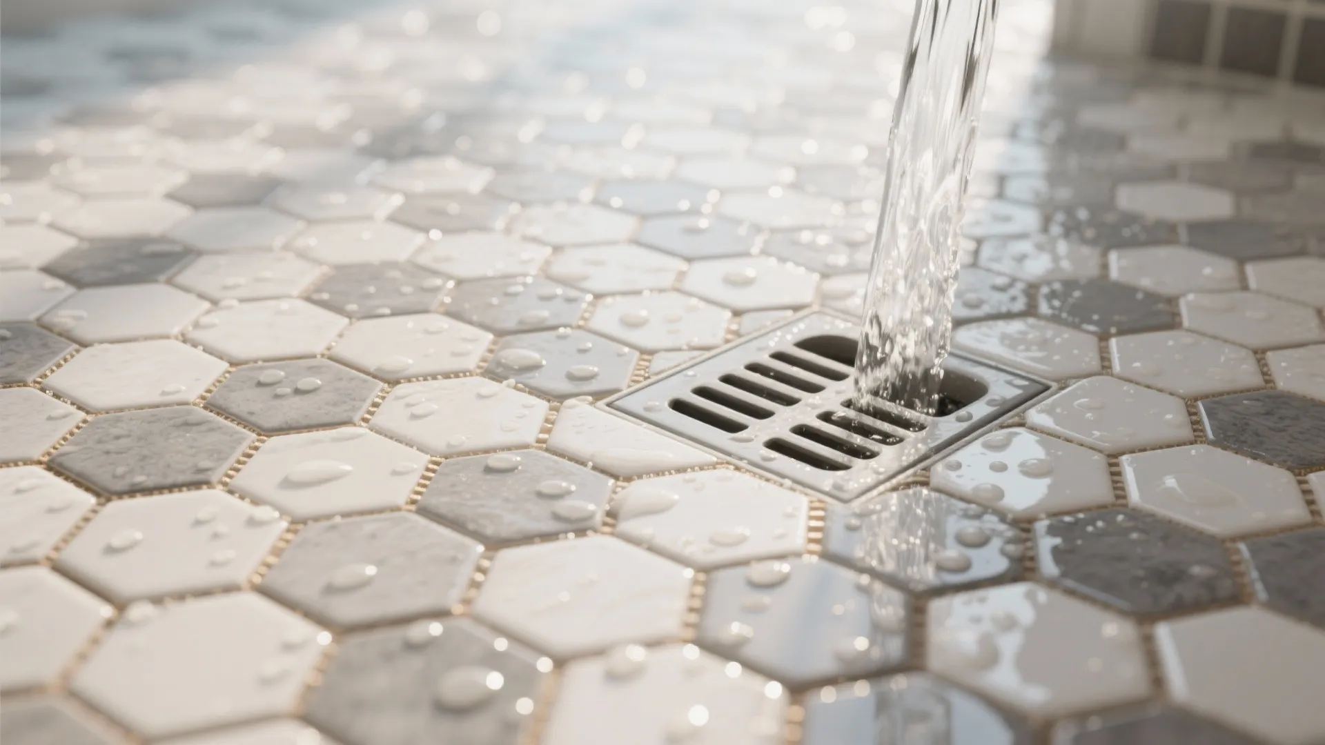 Close up of water pouring into a square floor drain on grey and white tiles
