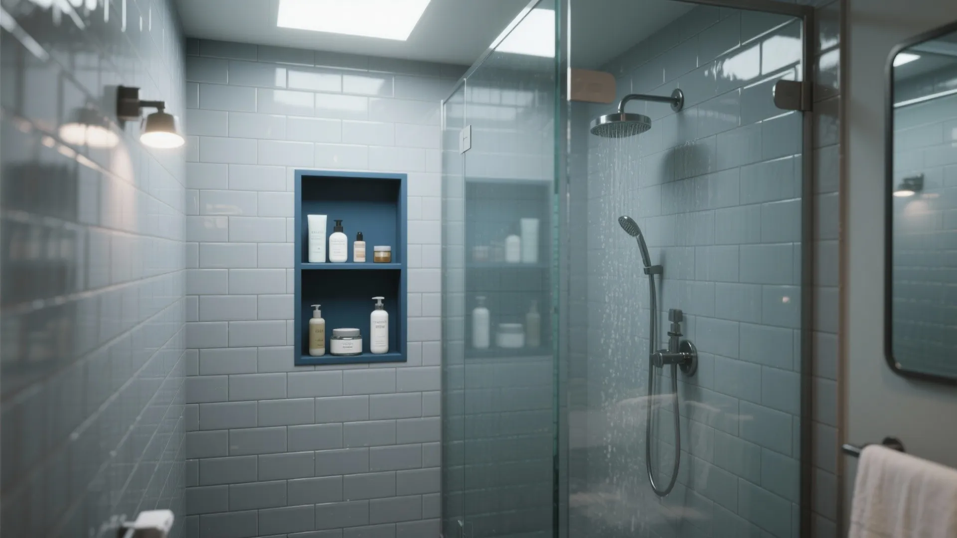 4. Two-Tone Shower with Glass and Navy Niche