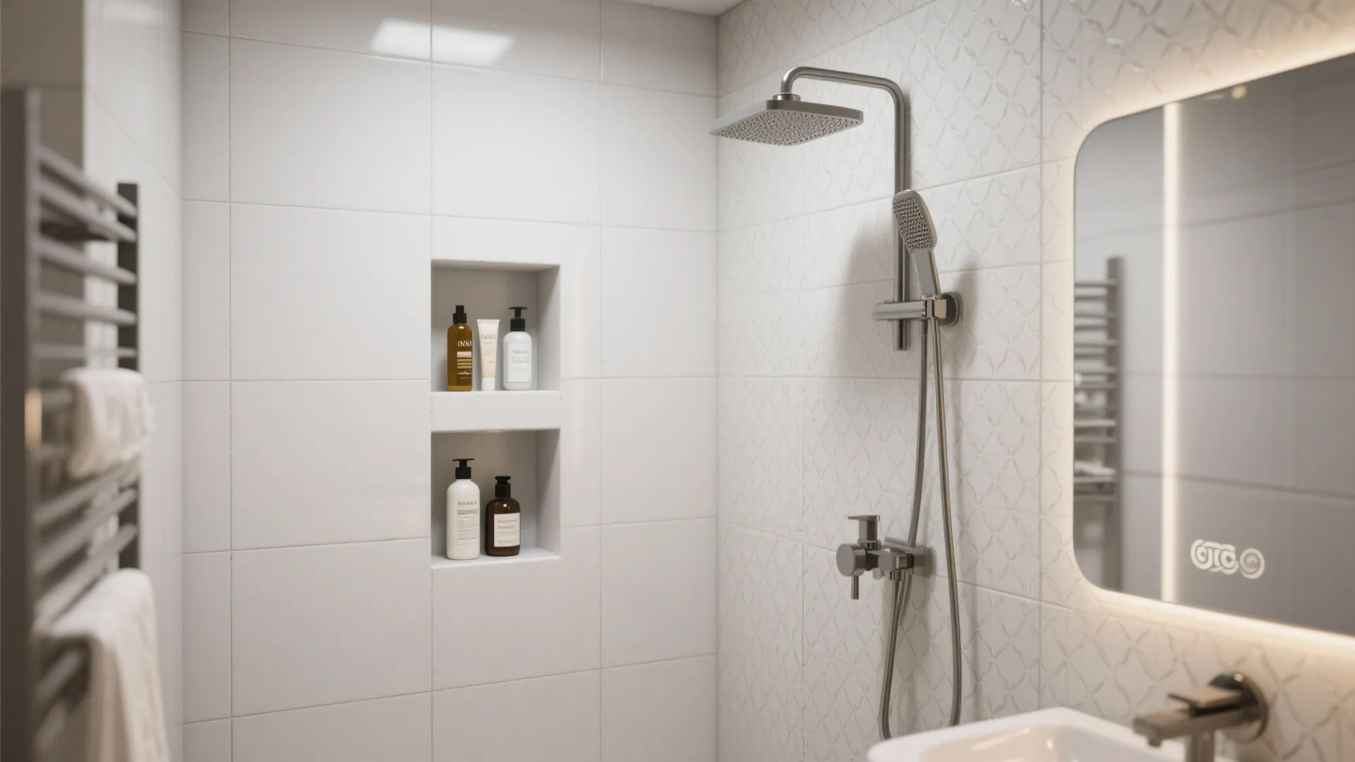 White tiled shower area with built in wall shelves for shampoo bottles and silver showerhead