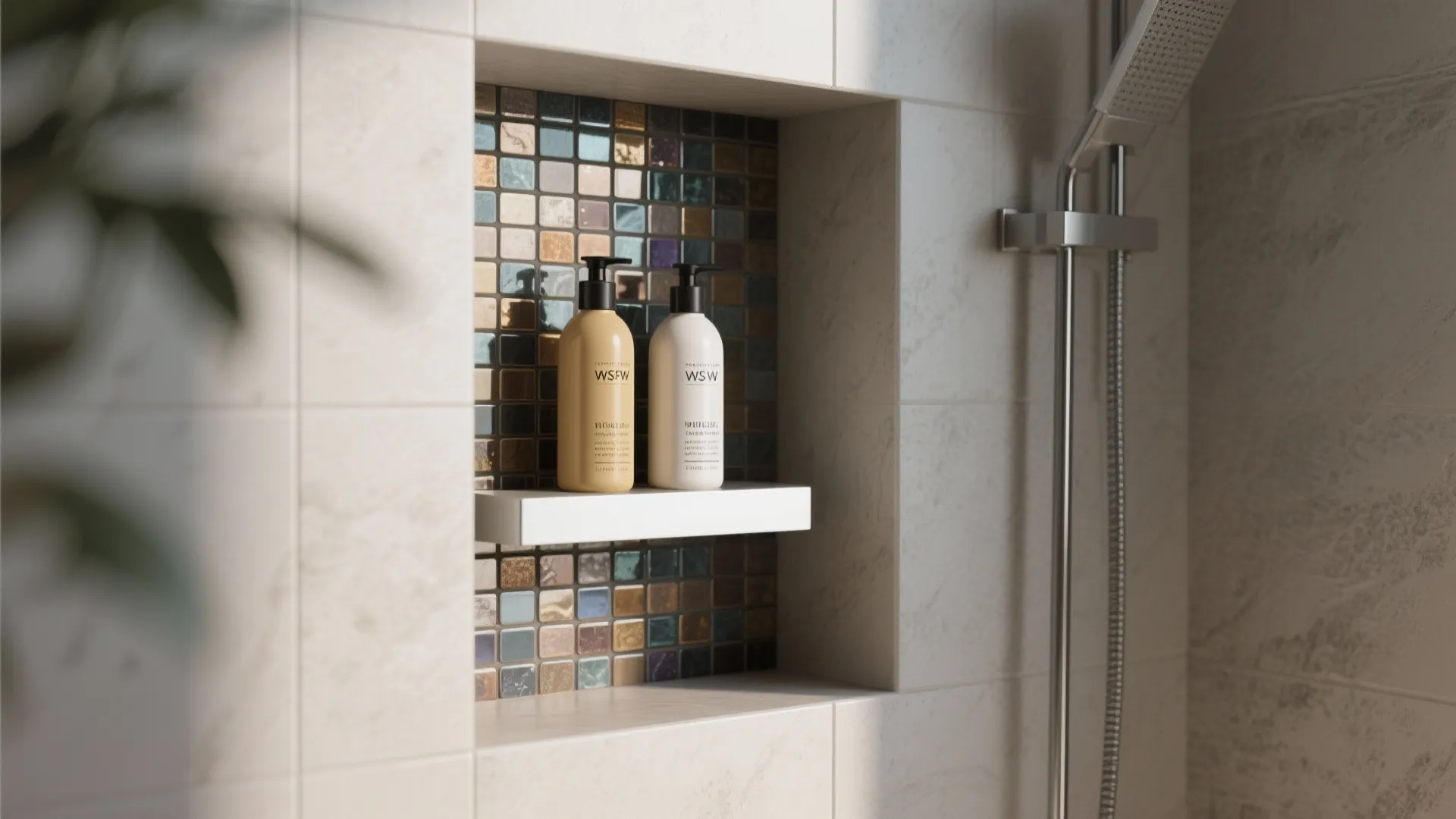 Modern tiled shower wall featuring a recessed shelf with soap bottles and a metal head