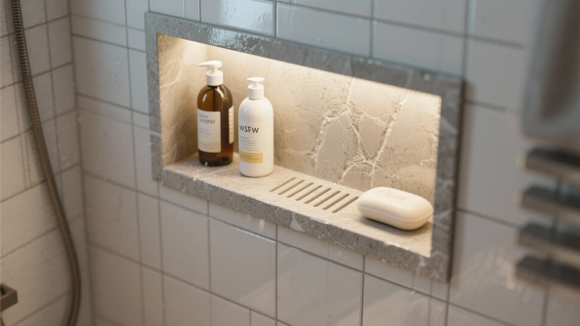 Modern marble wall storage with lights holding soap bottles and white bar soap in shower