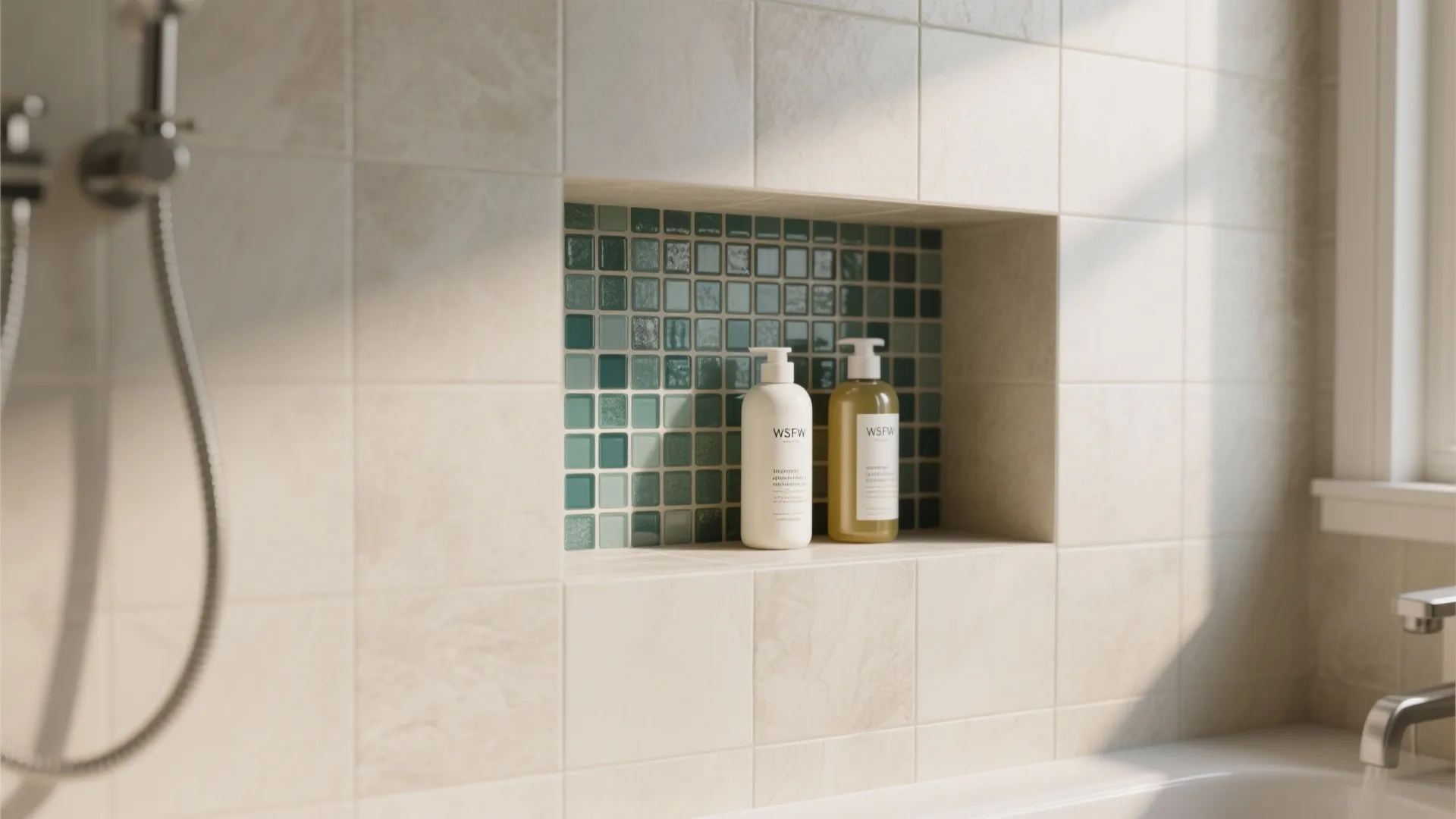 Recessed wall shelf with green mosaic tiles holding two soap bottles in a modern shower room