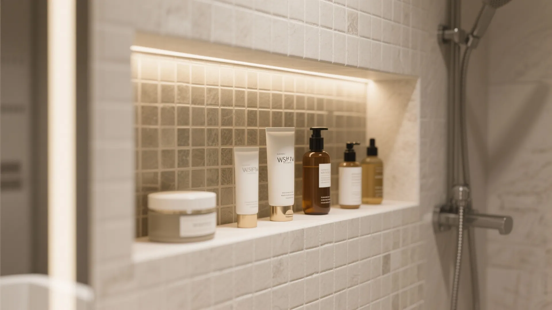 Illuminated built in wall shelf in shower with mosaic tiles holding various bathroom skin bottles