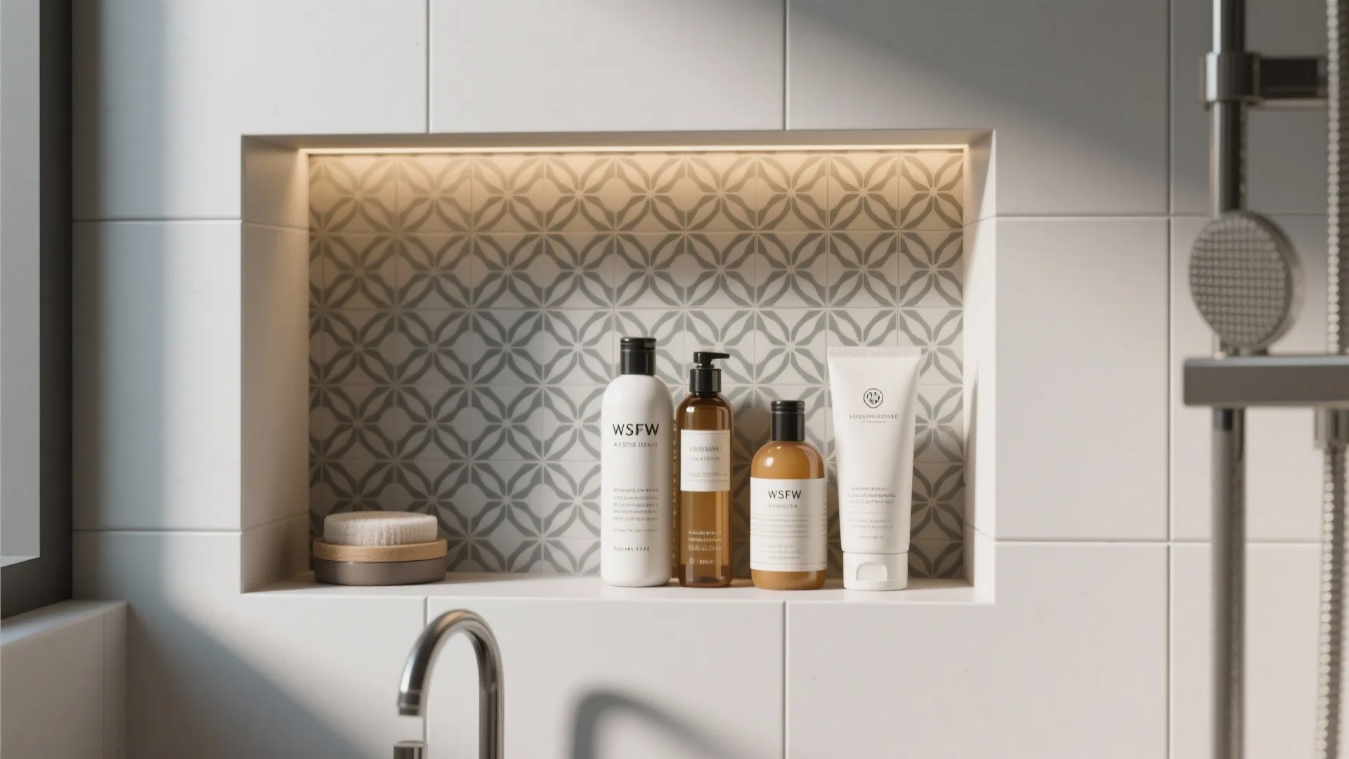 Close-up of recessed shower niche with patterned tile