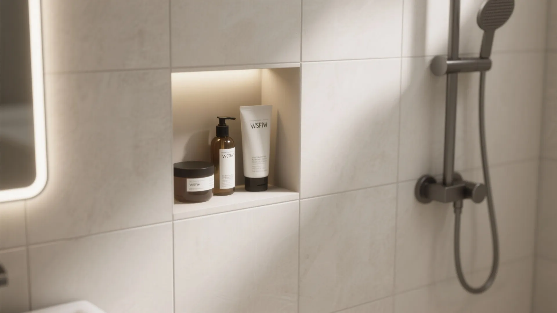 Recessed shower wall niche holding toiletries