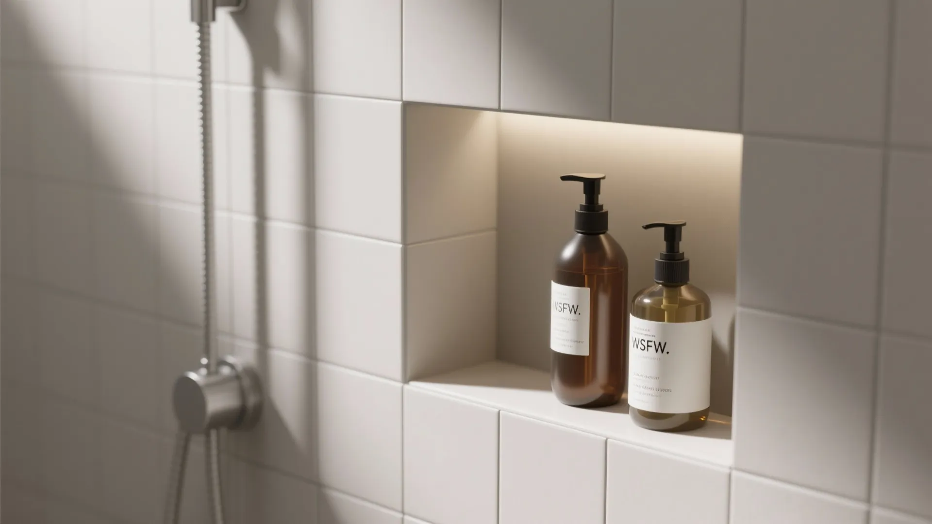 Modern white tiled shower wall with built in shelf holding two brown soap dispenser bottles