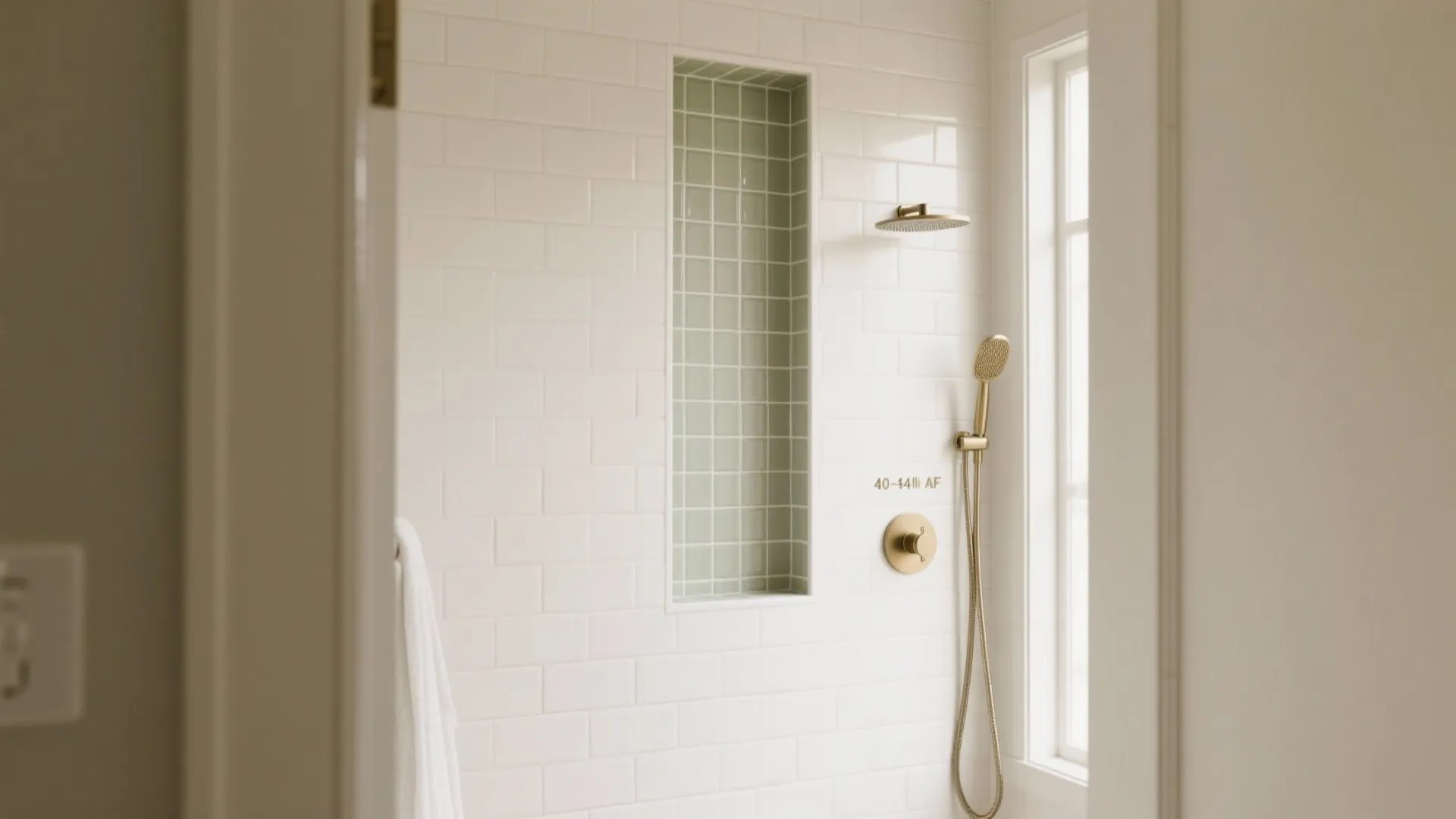 Minimalist shower with white brick tiles green tiled wall niche gold shower head and window