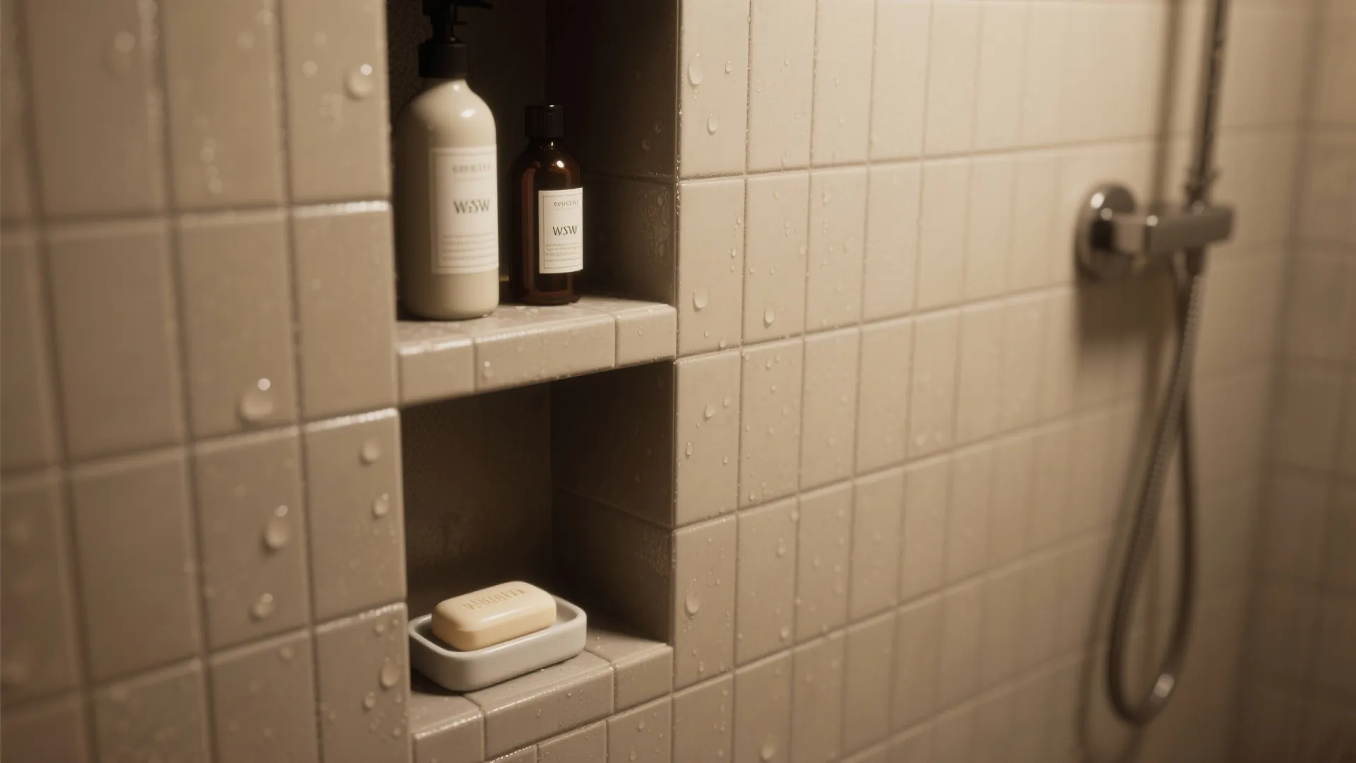 Built in shower wall shelf with square beige tiles holding shampoo bottles and bar soap