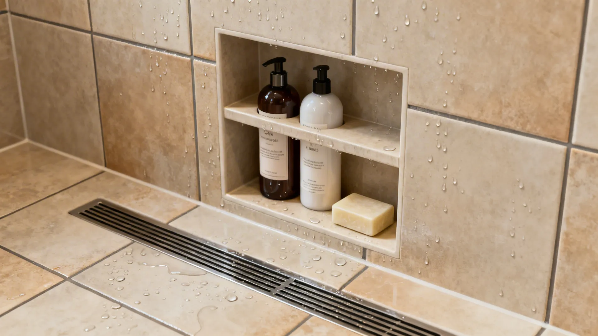 Built-in shower niche with neatly arranged bottles and waterproof tile finish.