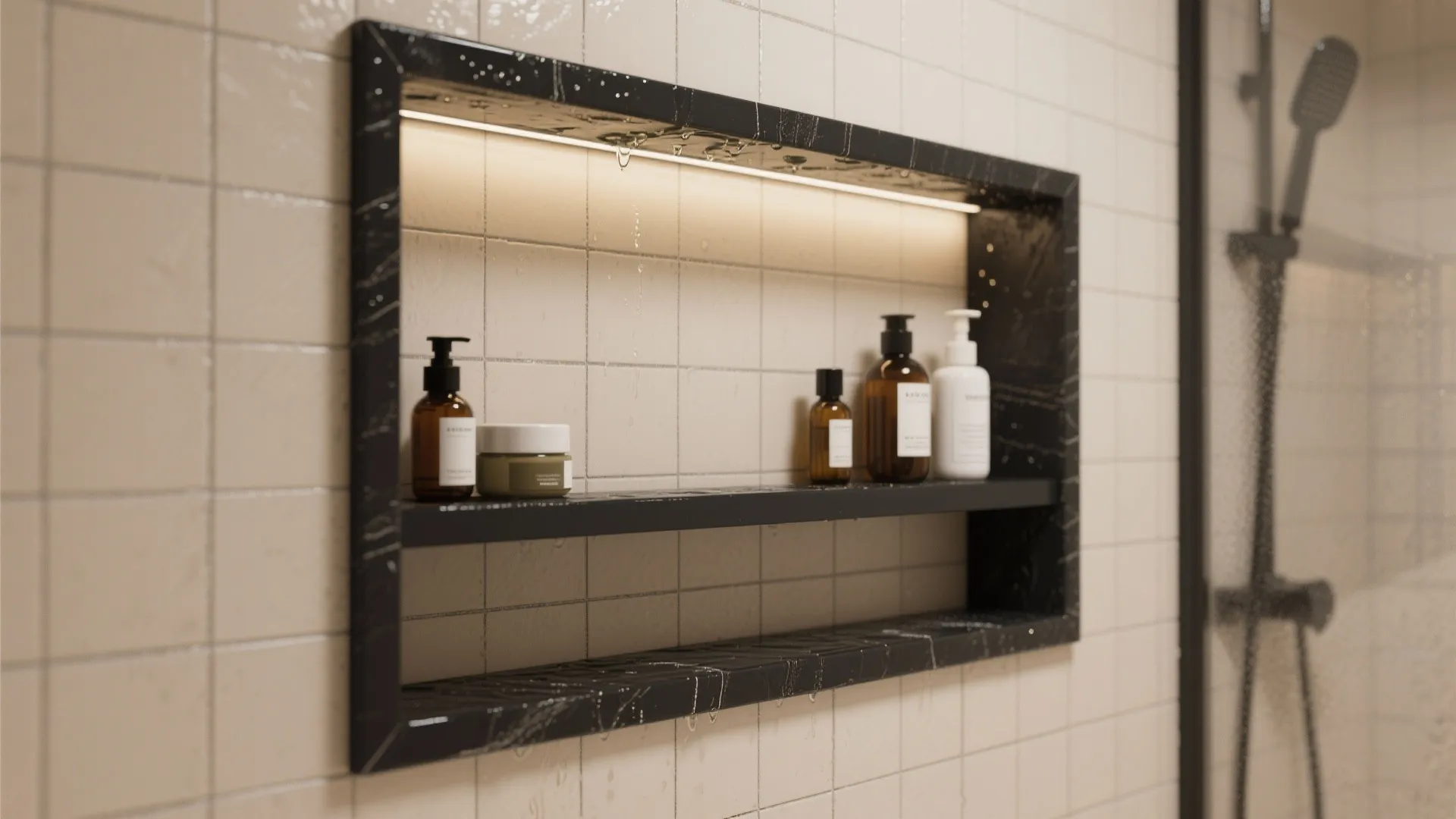 Black stone bathroom wall shelf with light fixture holding several brown and white skincare bottles