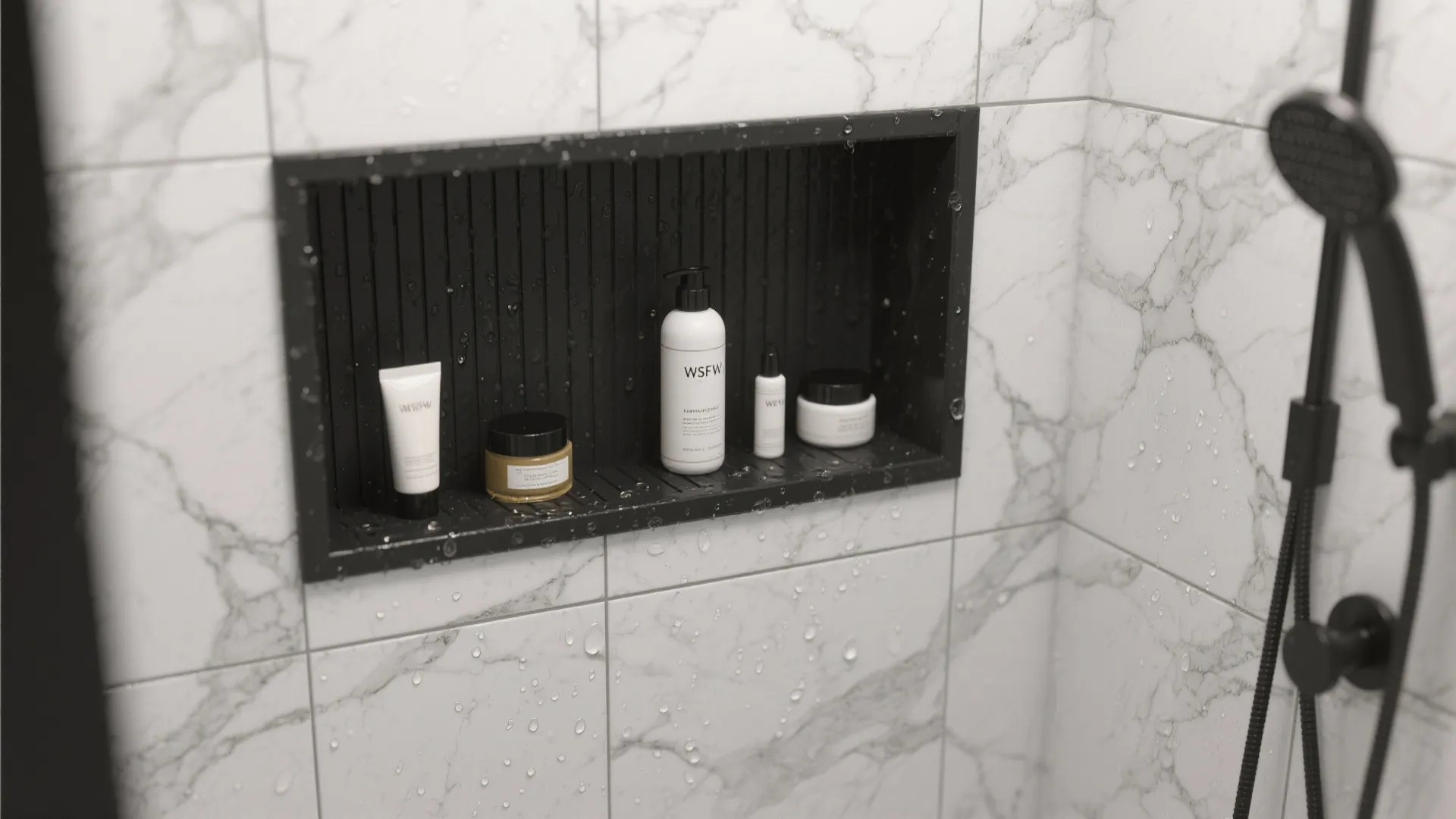 Shower niche with black beadboard against white marble tile showing sealed edges