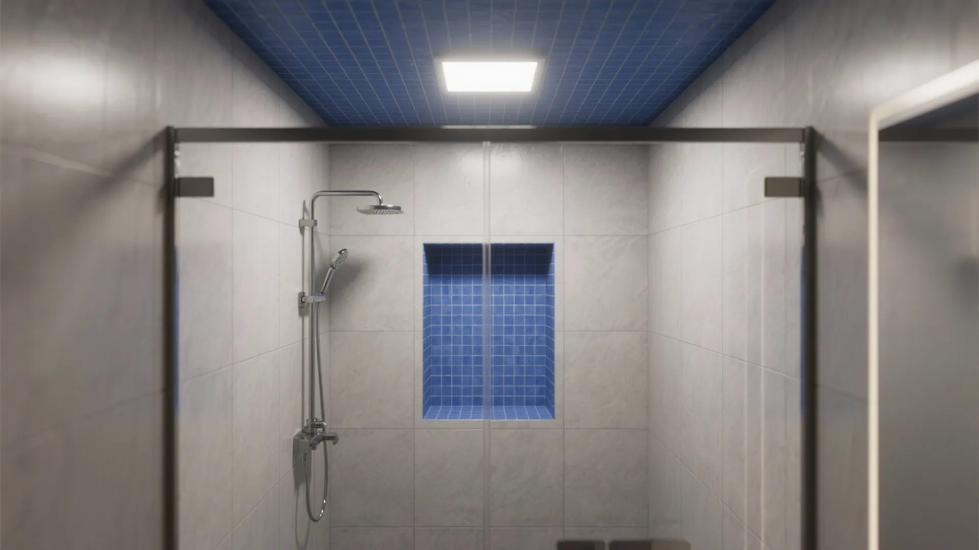 3. Floor-to-ceiling blue in a shower niche