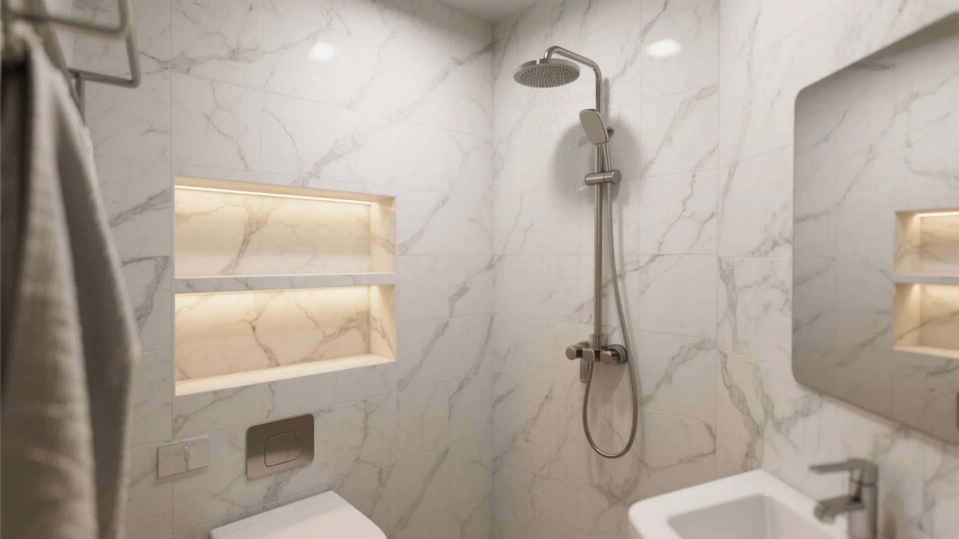 Marble shower area featuring built-in wall shelves with warm lighting and a modern shower head