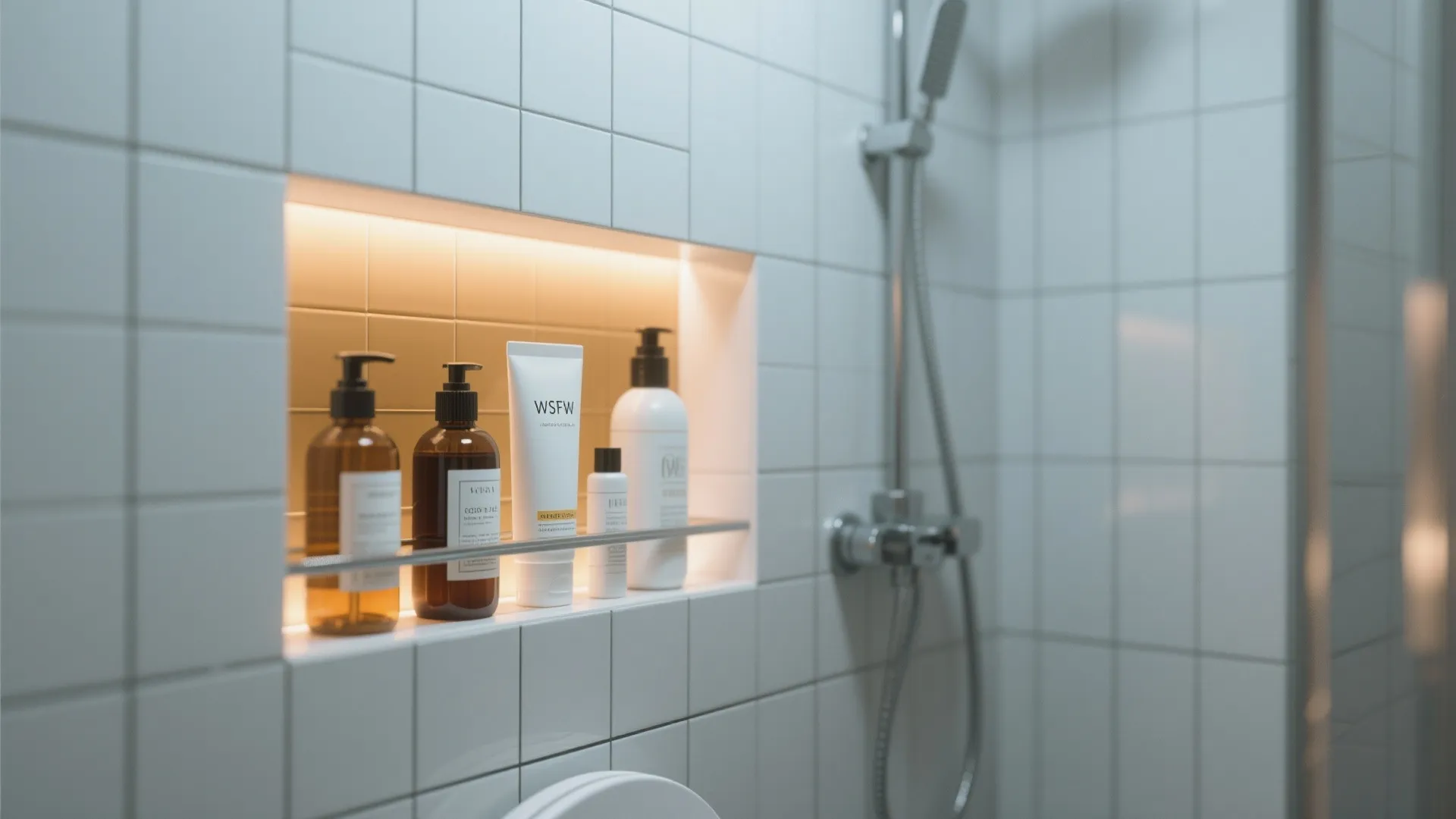 Modern bathroom shower wall shelf with warm light holding various bottles of shampoo and soap