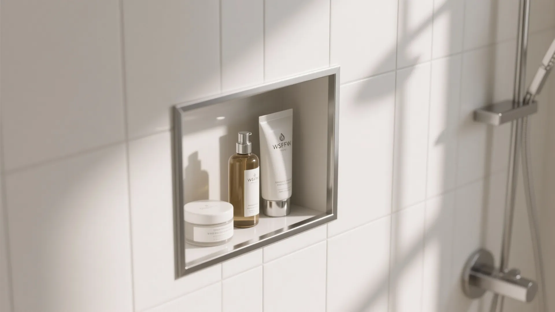 Recessed wall shelf in white tiled shower holding various skin care bottles and soap products