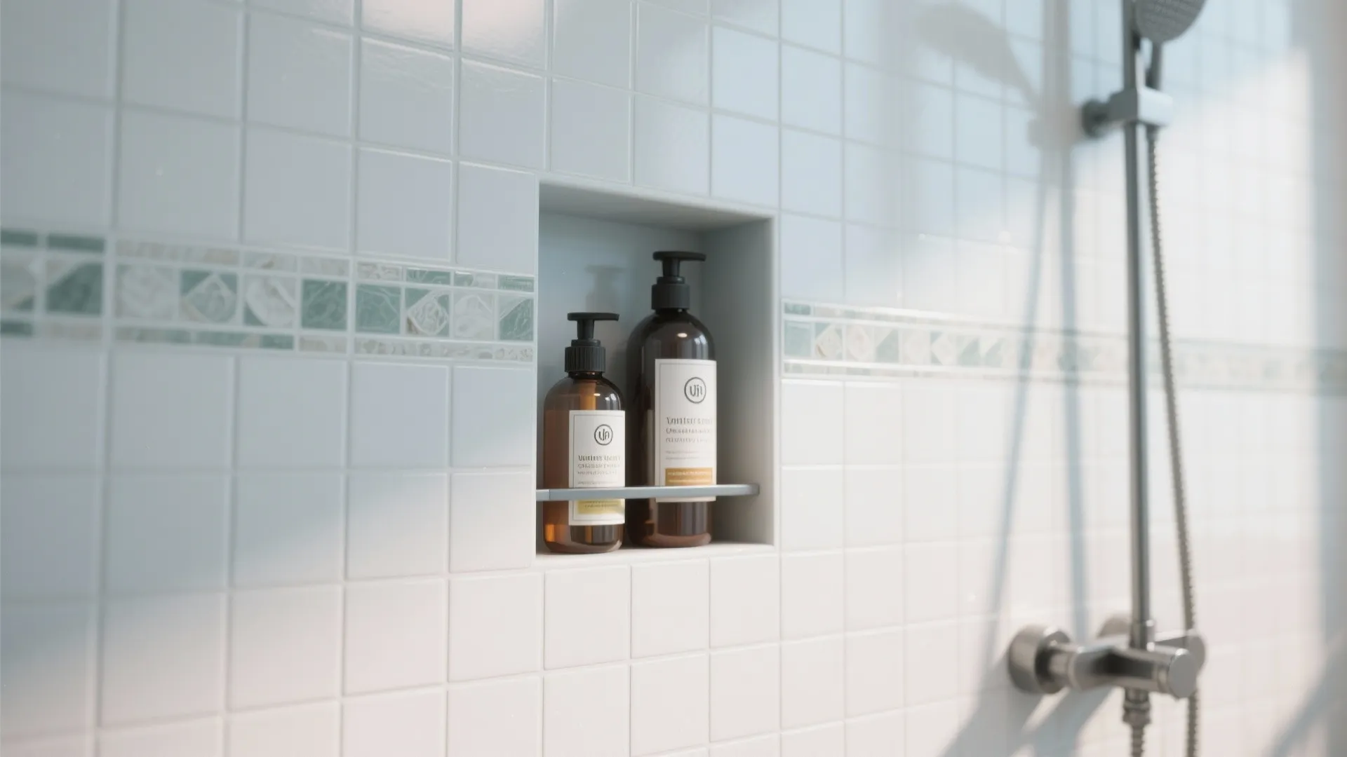 Built-in shower niche holding toiletries against tiled wall