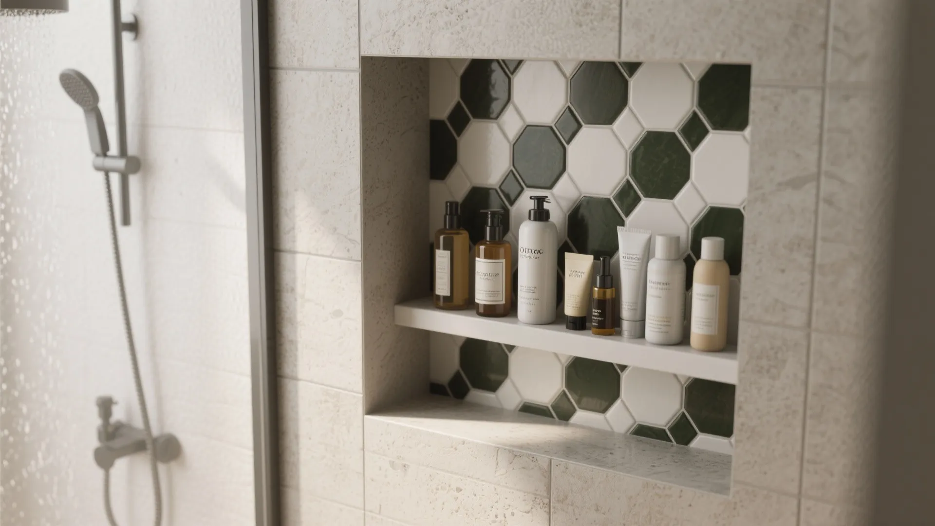 Shower wall shelf with green and white tiles holding various bottles next to black showerhead