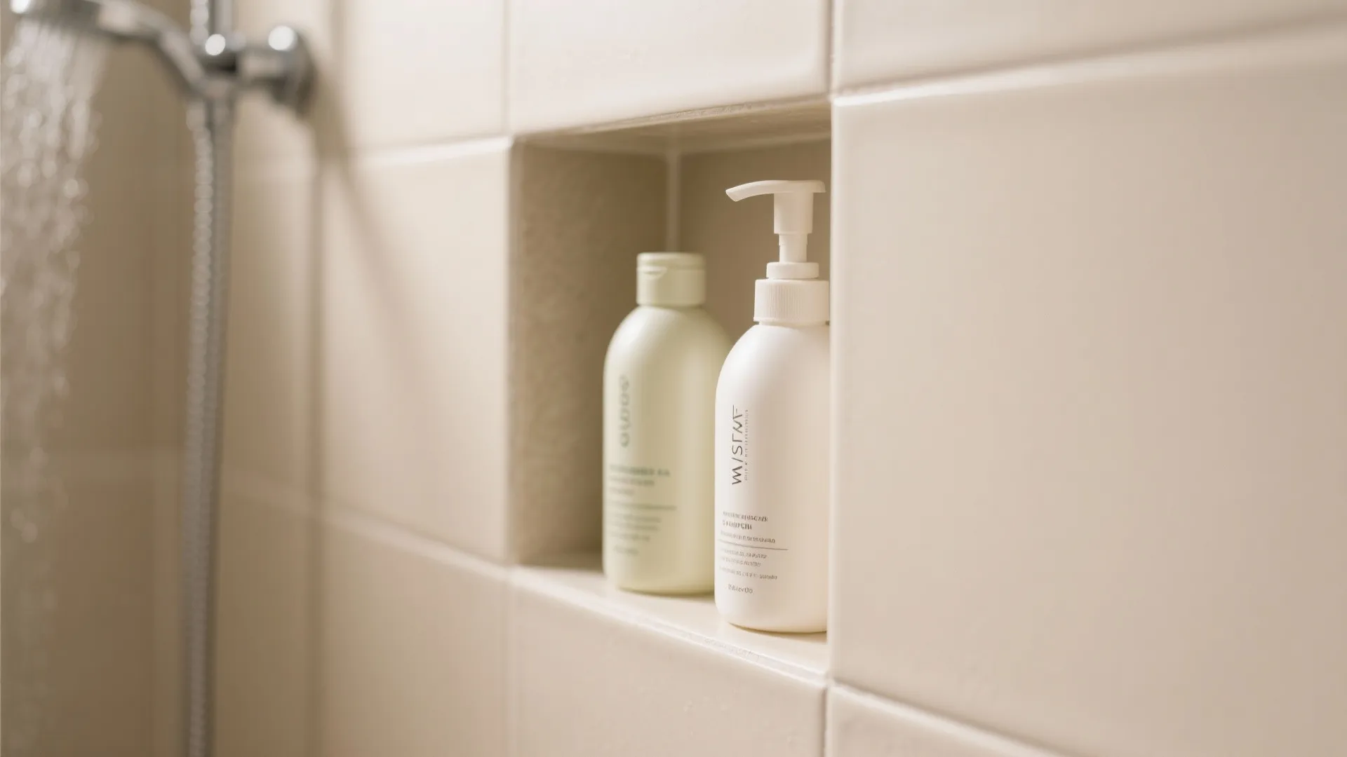 Close up view of shower wall shelf holding two white soap bottles with running water