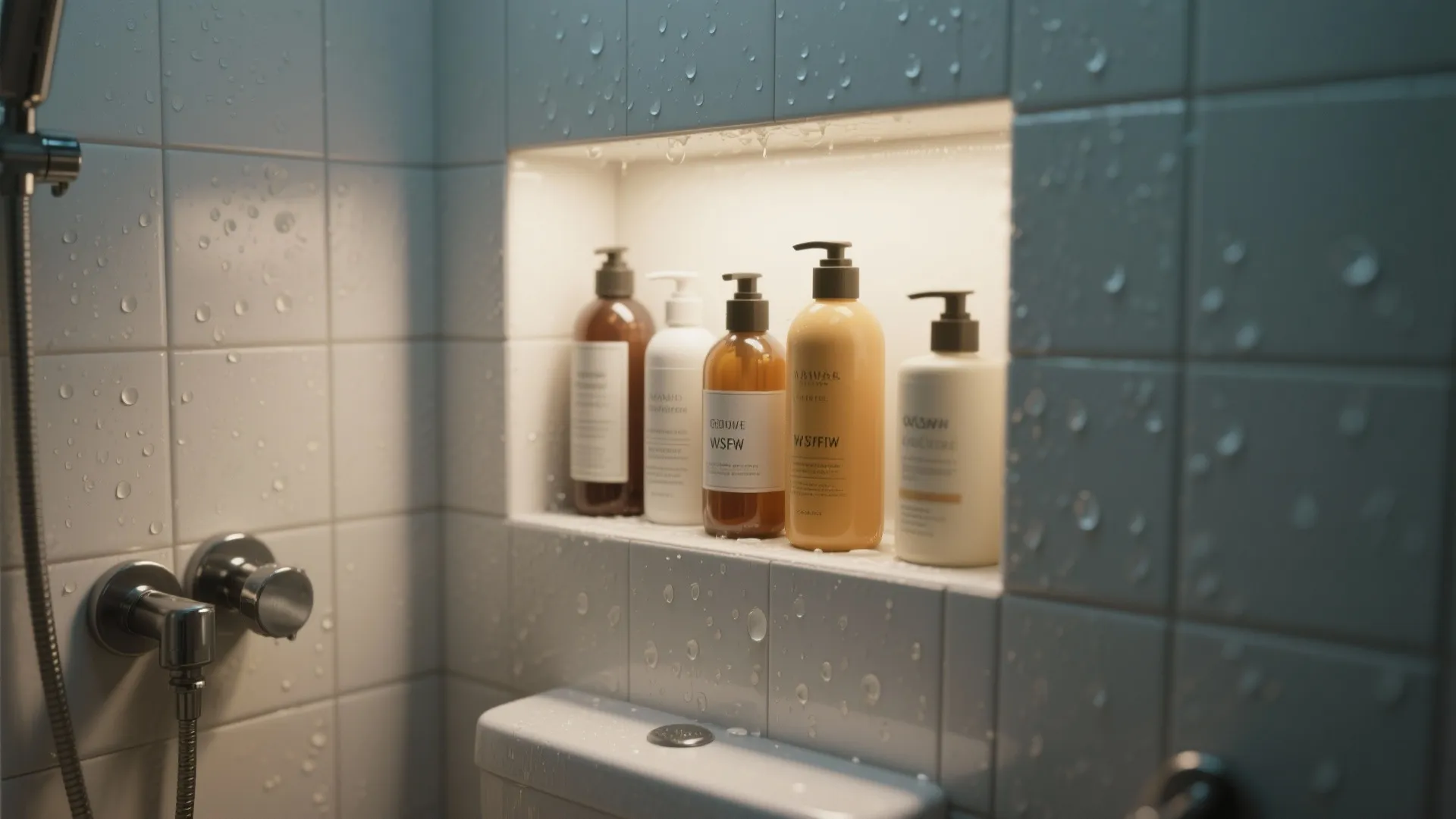 Wall shelf in tiled shower holding various shampoo bottles with warm light and water droplets
