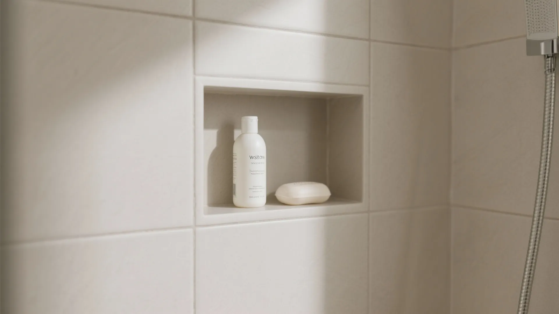 White bathroom wall shelf holding a small white bottle and soap bar near shower head