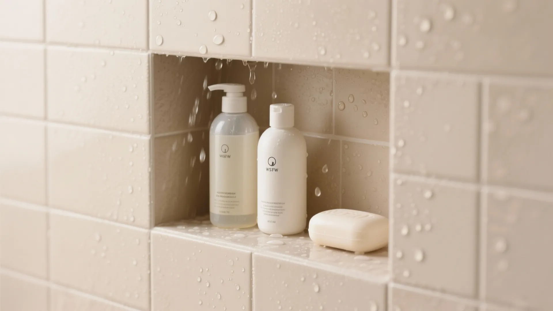 Close-up of a recessed shower niche with toiletries