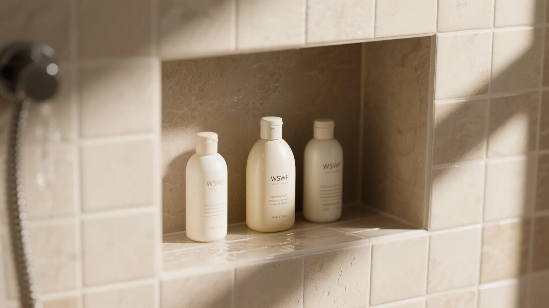 Modern shower wall shelf with beige tiles holding three white shampoo bottles under natural sunlight