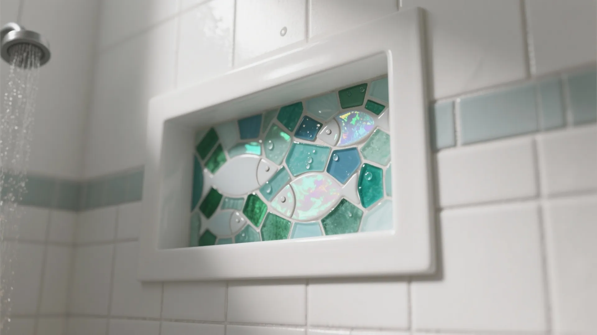 Shower wall niche showing mosaic fish pattern in teal and blue shades with white tiles