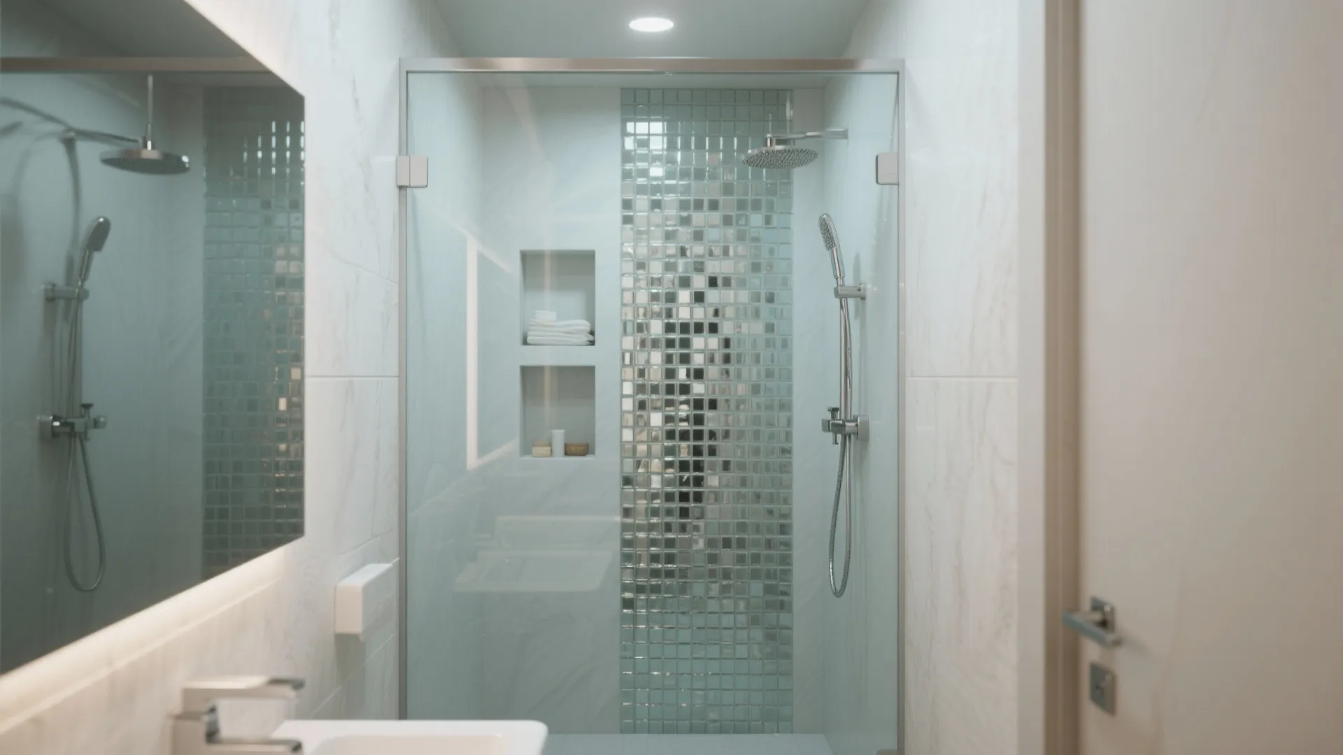 Modern shower niche lined with shimmering mosaic glass tiles