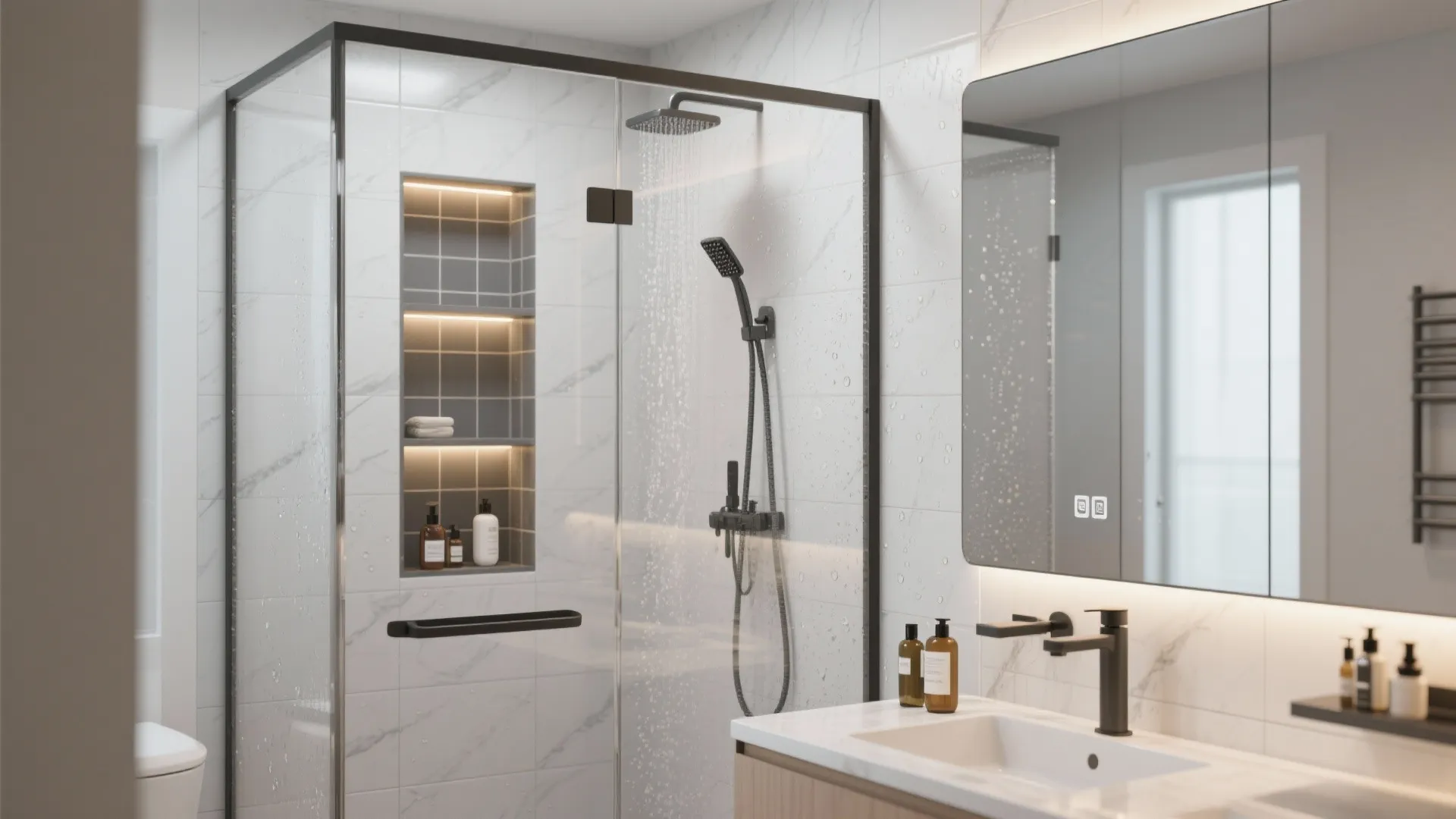 Shower with a built-in styled niche, contrasting tile and clear glass door with LED accent