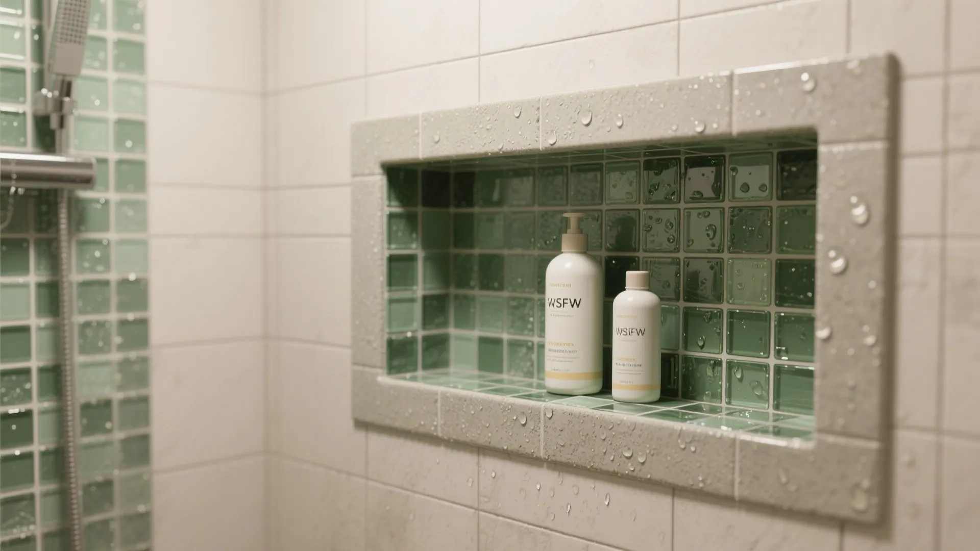 Green tiled wall shelf in a white shower area with two white bottles and water