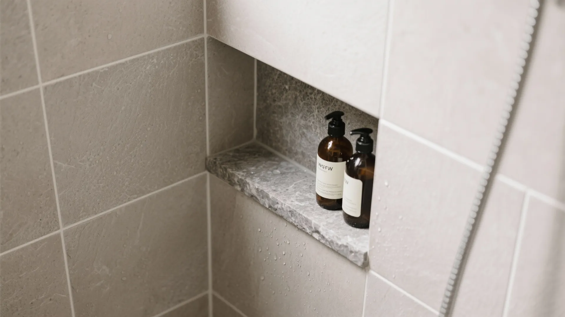 Close up of stone wall shelf in shower holding two soap bottles on grey tiles